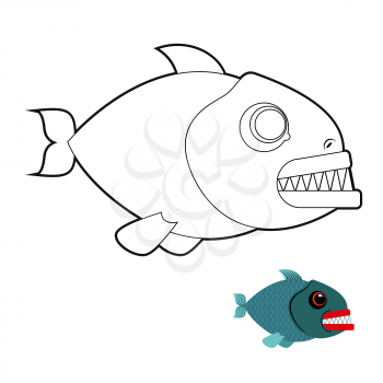 Piranha coloring book. Terrible sea fish with large teeth. Angry sea creature. Marine predator on white background.
