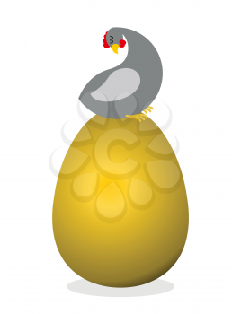 Chicken on  big  golden egg. Bird nests precious eggs. Farm bird carries  eggs of precious metal. Symbol of good luck and prosperity