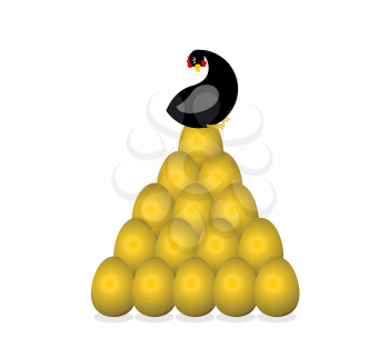 Black hen bears golden egg. Symbol of well-being and prosperity. Bird sitting on eggs from farm of yellow precious metal.