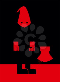  Executioner in mask and with an axe. Scary Punisher stands in  blood at night. Vector illustration of torturerin stereotypical attire. Person commits penalty. Blood flows down with an axe.