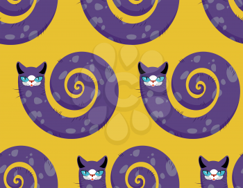 Purple Cat seamless pattern. Fabulous animals vector background. Cats head and torso of serpent.
