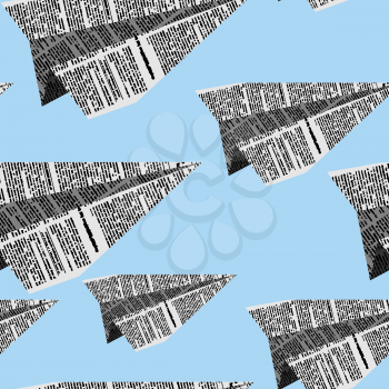 Paper planes seamless pattern on a blue background. Vector ornament plane newsprint texture
