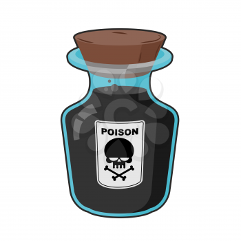 Bottle with poison. Magic Vintage bottle with a black potion. Skull sticker. Life threatening. Glass vessel to death with a wooden stopper.