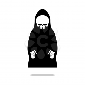Death cloak hovers above ground. Grim Reaper in black hood. Cute death hands down. Illustration for Halloween.