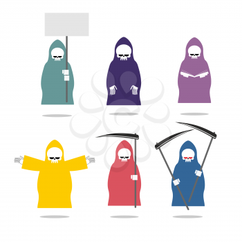 Set Grim Reaper  in coloured raincoats. Death in different positions and colored clothes. Death with  book and scythe. Skeleton hand hug. Set of icons for Halloween.
