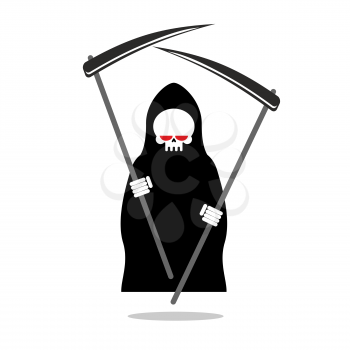 Death with two scythe. Ferocious Grim Reaper with red eyes. Skeleton in hood black cloak. Illustration for Halloween.