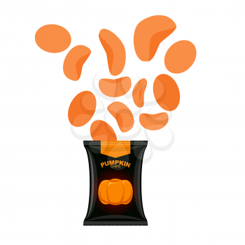 Pumpkin chips. Packaging of vegetable chips. Vegetarian Delicacy. Vector illustration food for Halloween.
