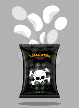 Chips with a taste of bones. Snacks for scary Halloween in black packaging. Pack of crisps with skull and bones. Vector illustration of Food on white background