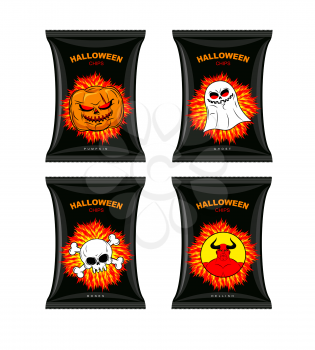 Set chips for Halloween. Terrible Food for holiday. Snacks with different tastes. Chips with pumpkin flavor. Chips with ghosts. Chips with a taste of  bones. Satanic hell chips. Vector comic illustrat