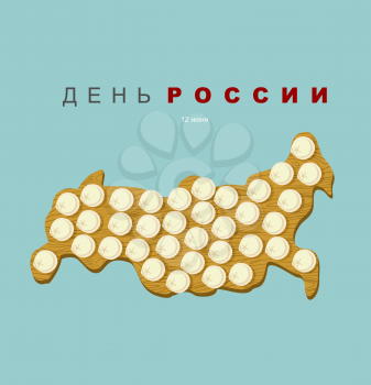 Russia day. Patriotic national holiday on June 12. Frozen dumplings on cutting board in form of a map of Russia. Favorite food Russians people. Text in Russian: day of Russia. July 12