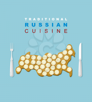 Russian traditional cuisine. Russians national dish. Dumplings on a wooden cutting board in the form of a map of country. Traditional Russian food. Cutlery: knife and fork. Vector illustration for res