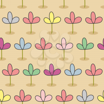 Flowers on a bed. Garden Seamless floral pattern. Color sprouts on brown background. Retro fabric ornament
