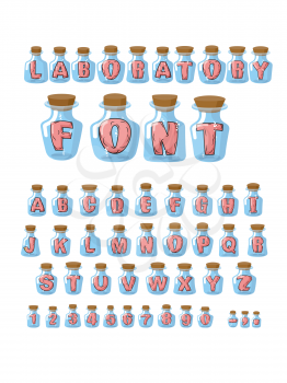Laboratory font. Pink live letters in glass laboratory flasks. Alphabet in jar for research. Vector hilarious font in containers for experiments.
