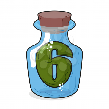 Figure 6 retro laboratory flask, bottle. Six in  old magic potion bottle with a wooden stopper. Bottle for scientific research and experimentation. Vector illustration