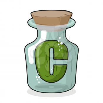 C in scientific laboratory bottle. Letter in a magic bottle with a wooden stopper. Vector illustration. Capacity for research