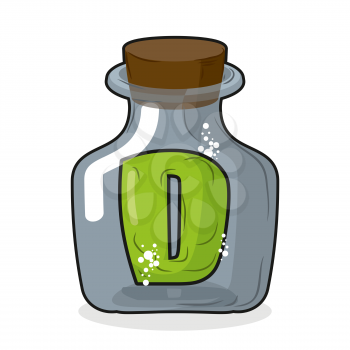 D in bottle. Green letter in blue glass jar. Magic potion bottle and a wooden stopper. Vector illustration of a laboratory flask vessel
