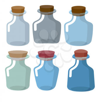Glass bottles of different shapes with Stoppers in laboratory. Vector retro chemical banks. Empty jar for research.
