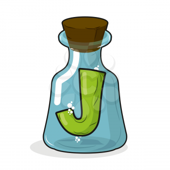 J in retro laboratory flask bottle. Letter in old magic potion bottle with wooden stopper. Bottle for scientific research and experimentation. Vector illustration