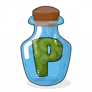P in bottle for scientific research. letter in a magical vessel with a wooden stopper. Laboratory for experiments and tests.
