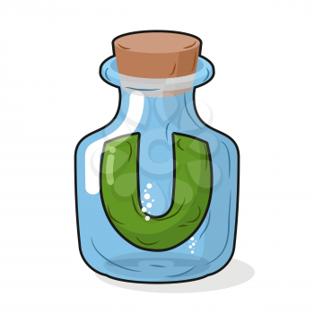 U in scientific laboratory bottle. Letter in a magic bottle with a wooden stopper. Vector illustration. Capacity for research
