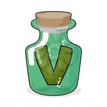 V in  bottle. Green letter in blue glass jar. Magic potion bottle and a wooden stopper. Vector illustration of a laboratory flask vessel