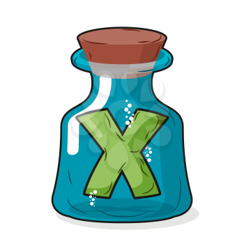  letter X in  bottle for experiments. Letter in vessel. Laboratory research vessel. Vector illustration figure for chemical tests.
