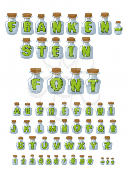 Frankenstein font. Green Letters in laboratory jars for study. Experiments over  alphabet. Vector of numbers
