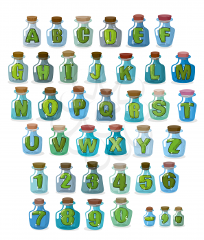 Magic font. Green letters in  magical flasks. Alphabet jar for witchcraft.

