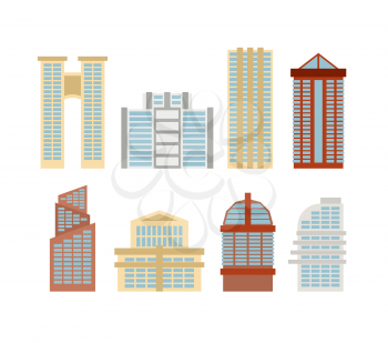 Colored skyscrapers, office buildings of modern city. Vector set buildings.
