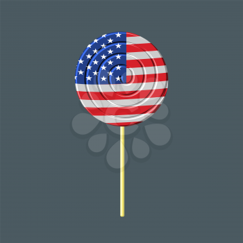 Lollipop with American flag. USA Caramel candy. Patriotic sweetness. Vector illustration of food for celebration of Patriot day.