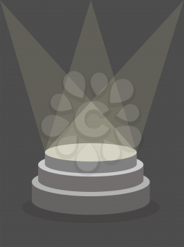 Round Pedestal on a dark background, illuminated by floodlights. Platform for  winner. Place  template for  item. Vector illustration does not contain transparency and overlay.