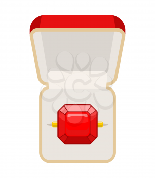 Ring with Ruby. Open box for jewelry. Illustration for betrothal. Wedding ring. Vector illustration of top view

