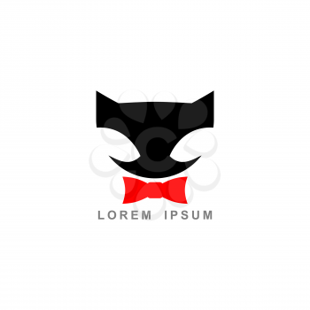 Black cat and Red Bow Tie. Vector logo. Template Emblem business