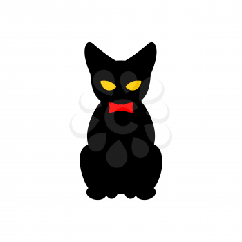 Black cat with red bow tie. Silhouette of pet sitting. Vector illustration  animal on white background.
