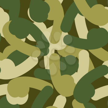 Military texture from penis. Army seamless pattern of sexual organ. Protective camouflage for soldiers. Ornament for clothes of sexual forces.