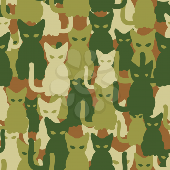 Military texture of cats. Army seamless pattern from pets. Protective camouflage for soldiers of animals.