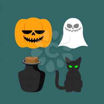 Set of icons for Halloween. Symbol dreaded holiday: Ghost and black cat, poison and pumpkin. Vector illustration
