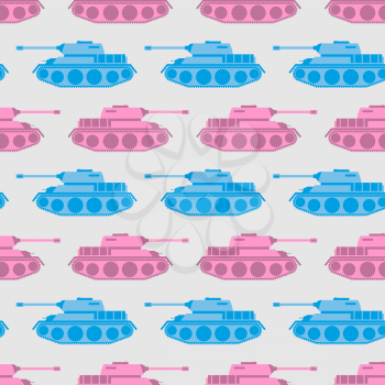 Toy tank seamless pattern. Blue and pink military toys. Vector ornament for baby tissue.
