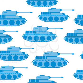 Cute Blue Tank seamless pattern. Vector military background. Army transport with gun.