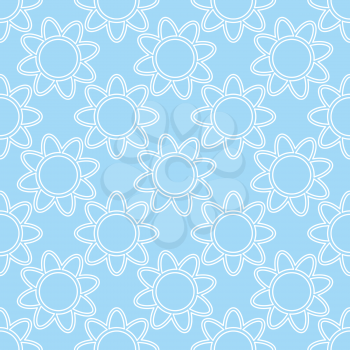 Linear white flowers on  blue background seamless pattern. Abstract cute vector background. Retro fabric ornament
