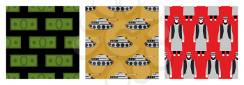 War in Syria. Set of seamless pattern. Many money. Military transport tanks. Refugees in  bloody red background.