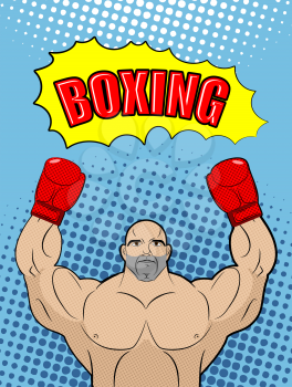 Boxing champion  style of pop art with the babble box. Athlete raised his hands in a victory gesture. Man in boxing gloves on a blue background. Vector illustration sports fighter.
