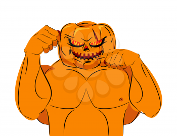 Strong Pumpkin fighter ready for battle. Halloween character with big muscles. Bad, terrible vegetable attacks. Vector illustration for holiday.