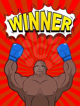 Winner in style of pop art. African American boxer wearing blue boxing gloves. Champion ring. Vector illustration of a person.