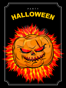 Halloween party. Scary pumpkin with red eyes and a fiery background. Vector poster for scary holiday
