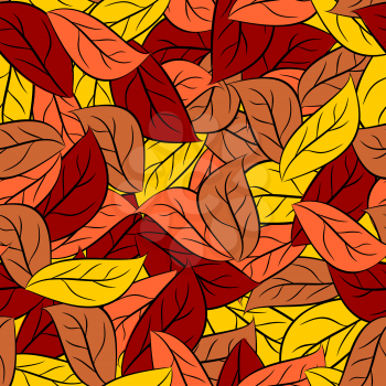 Autumn texture of  leaves of trees. Vector seamless pattern foliage on Earth.  Yellow and orange leaves background
 