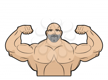 Bodybuilder on a white background. Athlete with big muscles. Big brutal men with muscled. Emblem for gym.  Fitness model in pose a double biceps in front. Vector illustration.