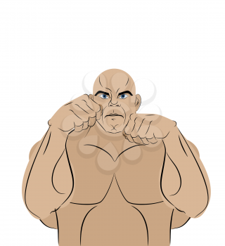 Fighter on a white background. A strong man in battle rack ready to punch. MMA athlete in ring before enemy. Vector illustration.