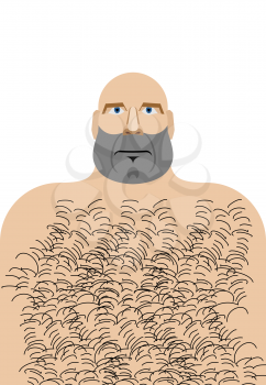 Man with bald head. Hillbilly with hairy chest. Vector illustration of funny man
