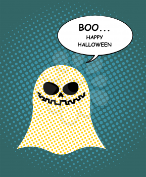 Boo Happy Halloween. Ghost of pop art and bubble. Pretty good ghost symbol of  dreaded holiday. Vector illustration.